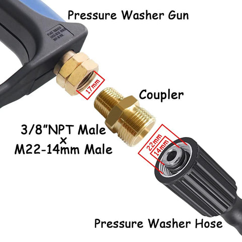 Brass pressure washer coupler set, 2-pack, M22-14mm male to 3/8in NPT male threads