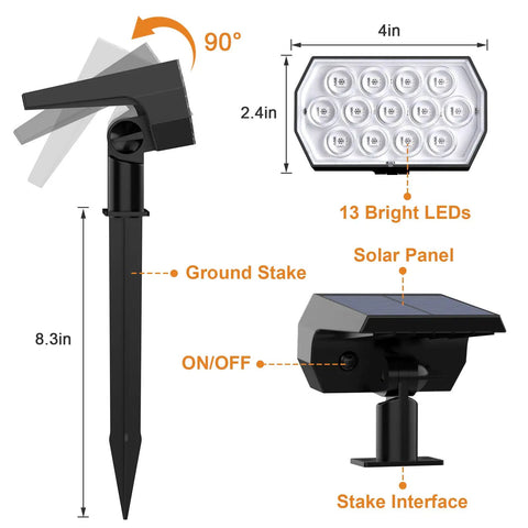 Color Changing Outdoor Solar Spot Lights 7 Modes 4 Pack IP65 Waterproof with adjustable LED head and solar panel.