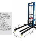 Heavy Duty Portable Panel Hoist Elevator Lift Table With Casters For Stacking And Moving Building Materials Up To 13 Feet High, dimensions shown, 500 kg max capacity.