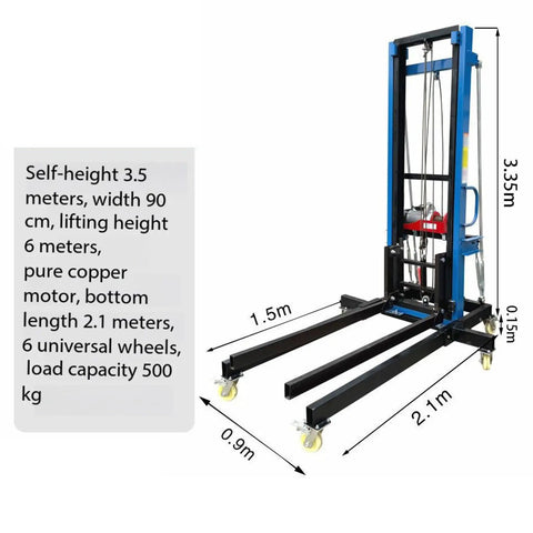 Heavy Duty Portable Panel Hoist Elevator Lift Table With Casters For Stacking And Moving Building Materials Up To 13 Feet High, dimensions shown, 500 kg max capacity.
