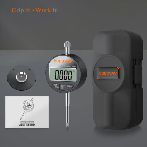 Digital Dial Indicator 0 To 1 Inch (25.4 Mm) High Resolution 0.0005 Inch 0.01 Mm Electronic Probe displayed with case.