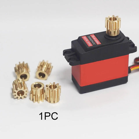 Brass Servo Gear 10 Tooth Replacement 25T High Precision Train Gear for Robotics and RC Projects with servos on display