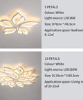 Two flower-shaped ceiling lights, each with multiple petals, LED, white; 5-petal for bedroom, 15-petal for living room.