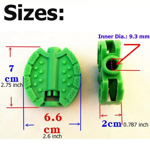 Green tricycle pedal dimensions, showing 7cm height, 6.6cm width, 2cm depth, and 9.3mm inner diameter