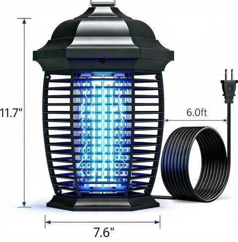 Powerful 20W 4200V Electric Bug Zapper For Indoor Outdoor Use With IPX4 Waterproof Design And 6 Foot Cord For Patio Garage Backyard Mosquitoes Flies Moths Wasps And More. Front view showing dimensions and cord.