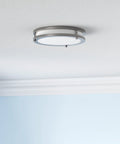 12 Inch Round LED Flush Mount Ceiling Light With 3 CCT Dimmable Settings, Low Profile Nickel Finish installed on ceiling