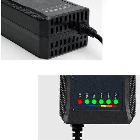 Ride Ready 60V Lead Acid Battery Charger For Electric Bikes And Scooters, showing T port plug with LED indicator lights