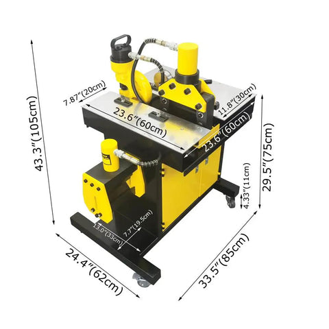 Heavy Duty Electric Hydraulic Busbar Processor Cutter 900W Motor And 700 Bar Pressure with measurements displayed.