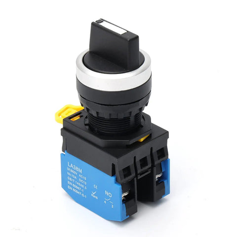 22mm 3 Position Maintained Rotary Selector Switch With 2NO Latching Contacts, black and silver, ideal for control systems.
