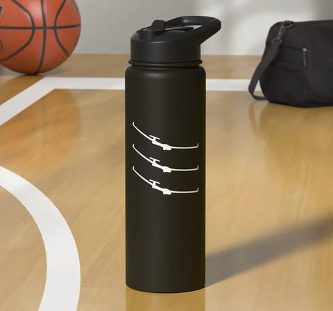 Soaring Glider Pilot Gift Insulated Stainless Steel Water Bottle For Aerial Enthusiasts Keeps Drinks Hot Or Cold On The Go Durable Travel Bottle For Tow Planes And Thermalling Sessions Ideal Gift For Pilots, black bottle with plane design on gym floor