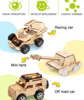 Three wooden model cars from 5 In 1 STEM Kit For Kids Ages 8 To 12 Build Five Model Cars Wooden 3D Puzzles Hands On Science Toys