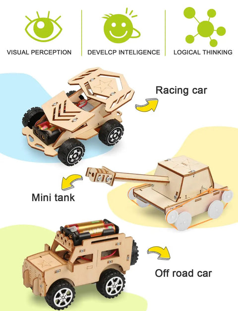 Three wooden model cars from 5 In 1 STEM Kit For Kids Ages 8 To 12 Build Five Model Cars Wooden 3D Puzzles Hands On Science Toys