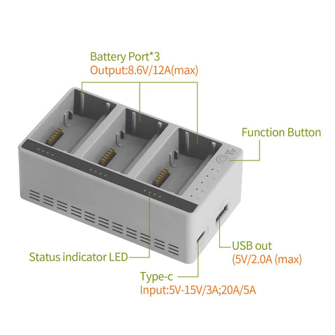 Two-Way Battery Charging Hub For LITO X1 And LITO 1 Drones, Fast 3 Battery Charger Case Station With Charge Cable, Charges Three Batteries In 68 Minutes, Two Modes For Storage Or Full Power diagram