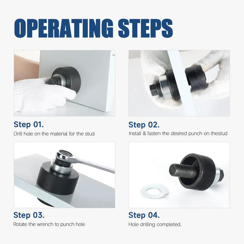 Operating steps for Pro Grade Manual Knockout Punch Kit With Heavy Duty Die Set for electrical conduit and metal sheet.