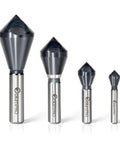 Front view of ColumPRO four-piece cobalt countersink set with 90-degree single-end bits and metal shanks.