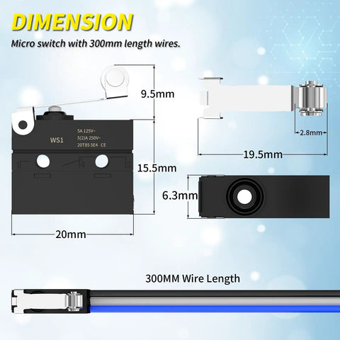 Dimensions of Waterproof IP67 Roller Lever Microswitch With SPDT 3 Pin Pre Wired 5A 250VAC, 300mm wire, 20mm base