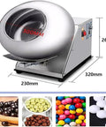 Slick Commercial Electric Sugar Coater Machine With Nine Adjustable Speeds For Sweet Candy Polishing And Smooth Chocolate Coating Results That Hit Different, showcasing stainless steel finish and dimensions.