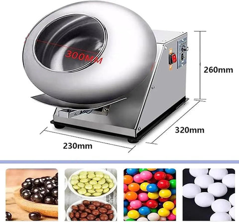 Slick Commercial Electric Sugar Coater Machine With Nine Adjustable Speeds For Sweet Candy Polishing And Smooth Chocolate Coating Results That Hit Different, showcasing stainless steel finish and dimensions.