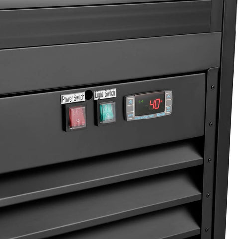 Kickass Commercial Merchandiser Refrigerator Delivering Rock Solid 45 Cubic Foot Storage With Eight Roomy Shelves For Chill Beverage Display At Bars Restaurants Or Retail Spaces control panel with temperature display and switches.