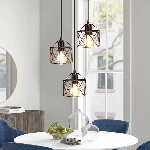 Vintage Industrial Pendant Light 3 Light Cage Shade Adjustable Mini Hanging Ceiling Fixture with E26 Base Black