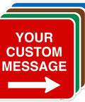 Customizable Square Left Or Right Arrow Sign For Office And Biz, Personalize With Your Wording, Durable American-Made Industrial Grade Directional Sign For Safety, Info, And Fun Office Decor. Red square aluminum sign with white right arrow