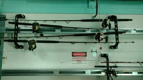 Garage Door Organizer Rack for Fishing Gear and Tools 18 Inch ABS Plastic Rod Holder on door with clamping hardware