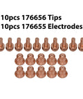 Heavy Duty Plasma Cutter Electrodes And Nozzles Kit For 25C 27C 375Xtreme with 10 copper tips and 10 electrodes displayed.