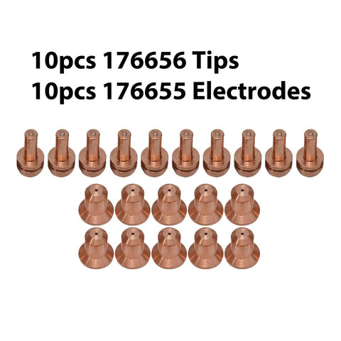 Heavy Duty Plasma Cutter Electrodes And Nozzles Kit For 25C 27C 375Xtreme with 10 copper tips and 10 electrodes displayed.
