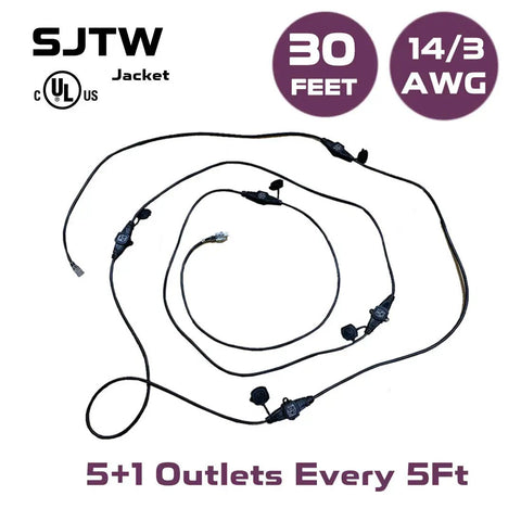 Heavy Duty 30Ft 14/3 Extension Cord With Six Outlets Spaced Every 5 Feet For Indoor Outdoor Use UL Listed SJTW Wire