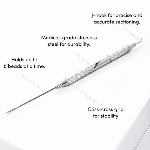 Pro Pulling Needle For I Tip Hair Extensions Stainless Steel Threading And Sectioning Tool Dual Function J Hook seen on white surface