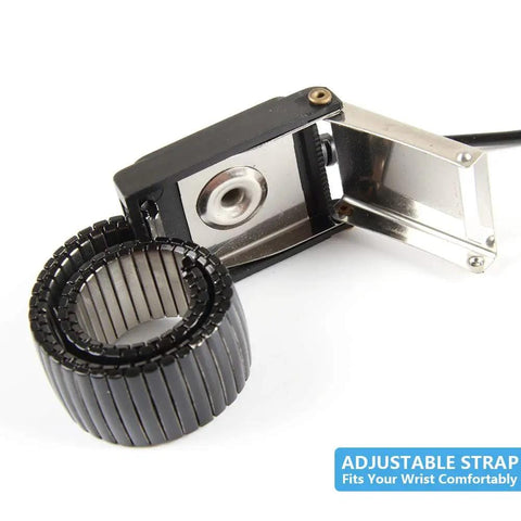Anti Static ESD Adjustable Metal Wrist Strap With 8 Foot Coiled Cord Heavy Duty Grounding Wristband Black shown with adjustable strap