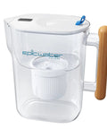 10 Cup Water Filter Pitcher With 150 Gallon Filter Life Tritan BPA Free Removes Fluoride And Chlorine Lead And PFAS Forever Chemicals Fridge Ready White And Bamboo, shown with bamboo handle and clear design