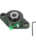Half Inch Bore Self Aligning Pillow Block Bearing With Solid Cast Iron Base And Chrome Steel Flange Mount, Industrial Grade ABEC3 Precision, Includes Grease Nipple Cap And Wrench, Heavy Duty Mount on cast iron housing