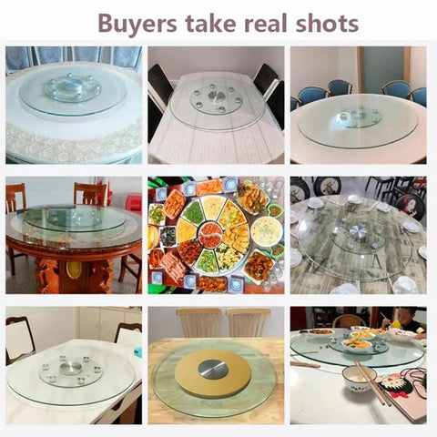 Variety of Tempered Glass Lazy Susan Turntables with Smooth Rotating Silent Swivel and Stable Base in Dining Settings