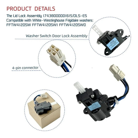 Heavy Duty Front Load Washer Door Lock Switch Assembly 17438000001615 Replacement For Easy Install And Safe Spin Cycles Keeps The Lid Locked During High Speed Wash, 4-pin connector