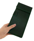 Double Layer Magnetic Signature Board With Soft Leather Cover And Built In Pen Sleeve For Restaurant Receipts And Office Signing Compact Counter Pad held in hand.