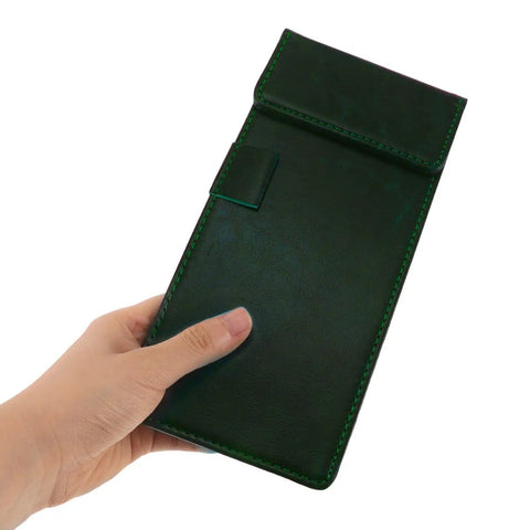 Double Layer Magnetic Signature Board With Soft Leather Cover And Built In Pen Sleeve For Restaurant Receipts And Office Signing Compact Counter Pad held in hand.