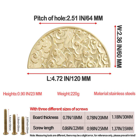 Antique Half Moon Cabinet Pulls 2 Pack In Gold Semicircle Zinc Alloy Drawer Handles with Chinese Pattern and dimensions