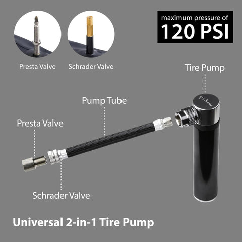 Must Have Portable Bike Tool Kit 14-In-1 Bicycle Repair Capsule with tire pump, presta and schrader valves, 120 PSI max