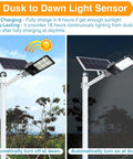 6000W Solar Street Light Outdoor Dusk To Dawn Security Flood Light with Remote Control Pole Mount shining at night