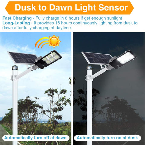 6000W Solar Street Light Outdoor Dusk To Dawn Security Flood Light with Remote Control Pole Mount shining at night