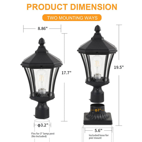 Product dimensions of Dusk To Dawn Outdoor Post Lights With Pier Mount Base In Black Weatherproof Aluminum 20 Inch Exterior Pillar Coach Light With Clear Glass.