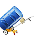 Heavy Duty 55 Gallon Drum Dolly With Braking Wheels, Rugged Reinforced Upgrade, Sturdy Steel Frame Built To Haul Up To 1000 Lbs, Stable Durable Trolley For Easy Oil Drum Transport And Handling On Any Job Site. Blue 55-gallon steel drum on dolly with braking wheels.