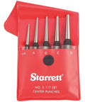 Center Punch Set Of 5 Hardened Steel Tools With Round Shank And Knurled Grip in red pouch with visible tapered ends