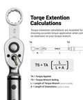 Close-up of a Three Eighths Inch Drive Torque Adapter Set With 12 Point Box End next to torque extension formula and diagram