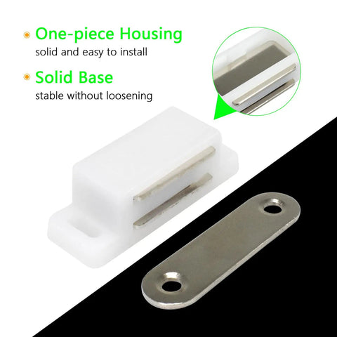12 Pack Plastic Cabinet Magnetic Heavy Duty Door Catches with white finish and strike plate, solid base for easy install.