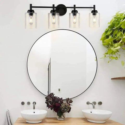 4 Light Matte Black Bathroom Vanity Light Fixture With Seeded Glass Shades, Farmhouse Style Up Down Mount, Antique Brass Accents, Dimmable With E26 Bulbs, Perfect For Rustic Modern Bath Remodel Vibe