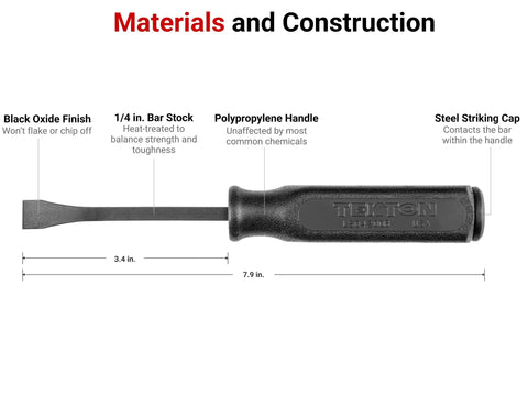 Diagram of 8 Inch Angled End Pry Bar With Comfortable Handle, Heat Treated Steel, Quarter Inch Bar Stock, labeled dimensions and materials