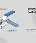 Stainless steel heavy duty hot water ball valve with blue ergonomic handle for high pressure power washers, featuring on-off positions.