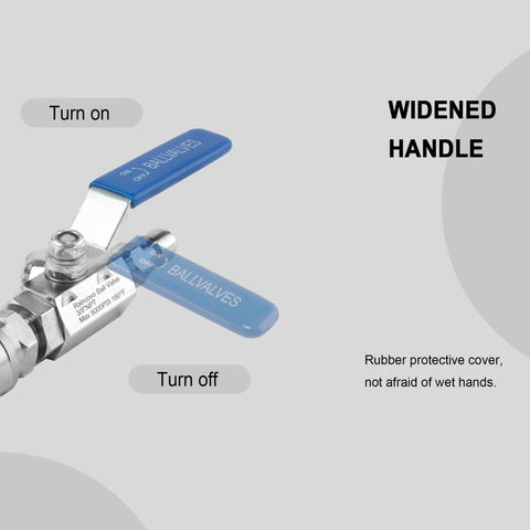 Stainless steel heavy duty hot water ball valve with blue ergonomic handle for high pressure power washers, featuring on-off positions.